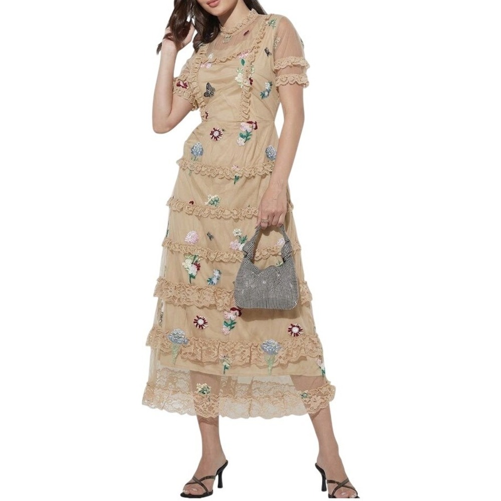 Cottagecore Lace Tiered Midi Dress Embroidered Floral Prairie Fairy 2extremz L